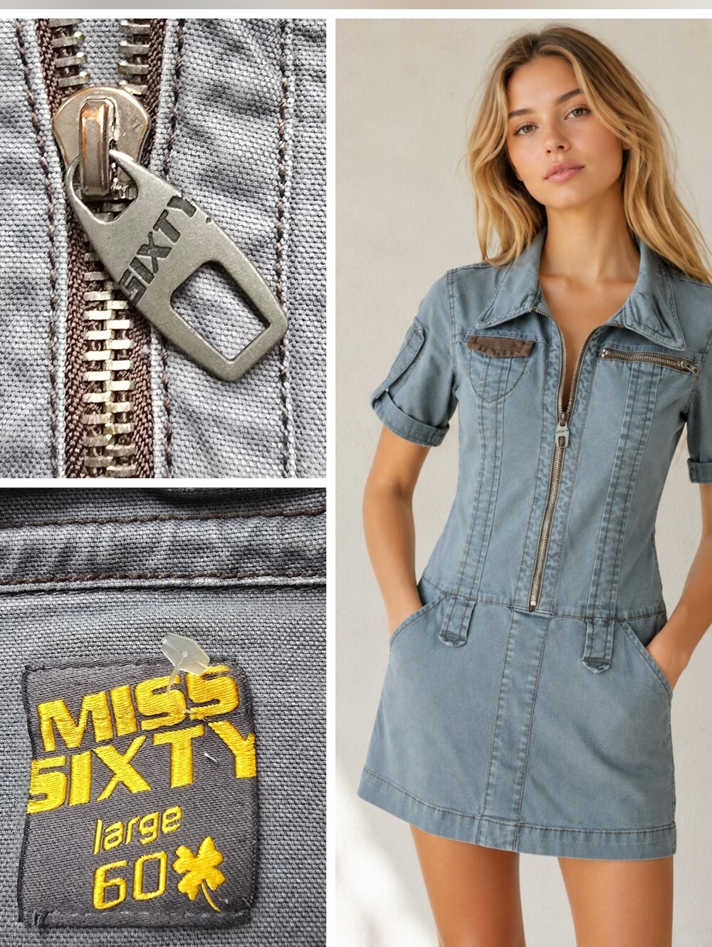 Vtg Y2K 90's Miss Sixty 60 Denim Military Mini Fit Dress Sz L Stretch Club Party